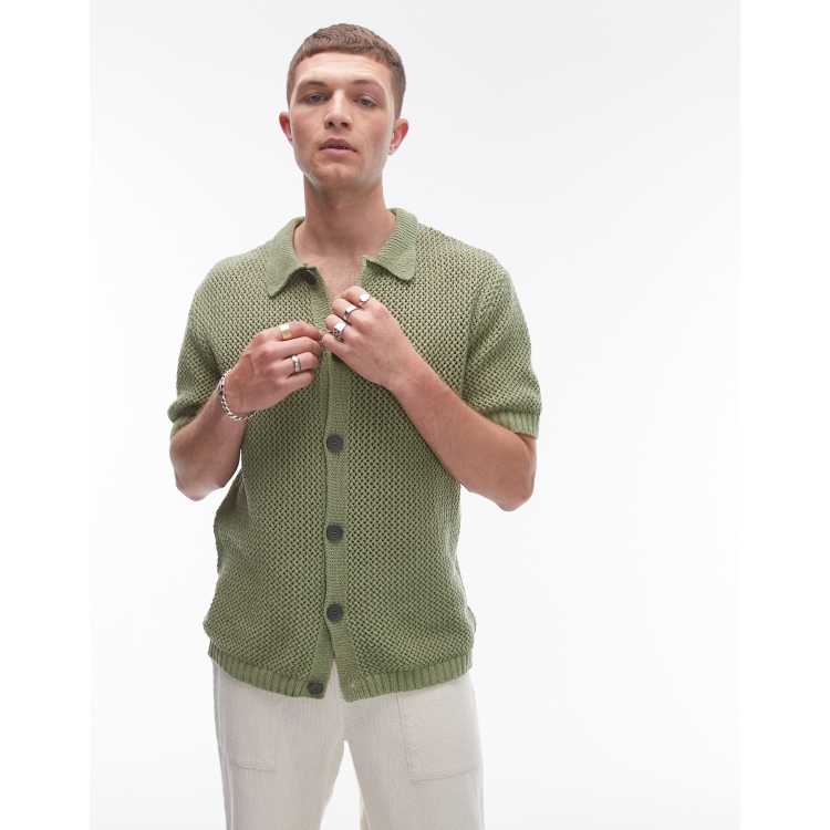 Topman knitted crochet shirt in green | ASOS