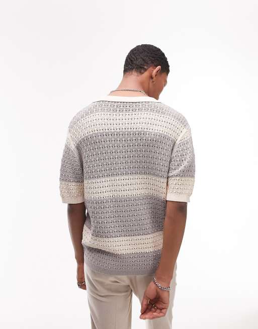 Topman knitted crochet shirt in stone