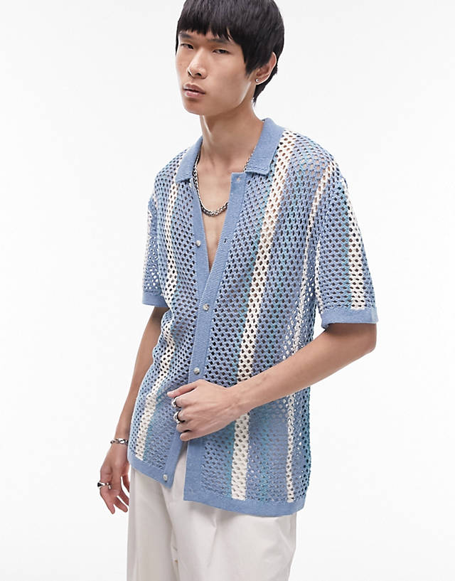 Topman - knitted crochet stripe button through shirt in blue