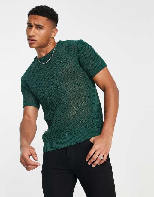 Topman knitted crochet t-shirt in green