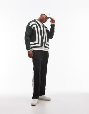Topman Knitted Crochet Vertical Stripe Button Through Long Sleeve Shirt In Green