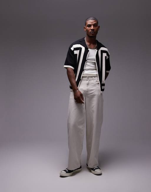 Topman knitted crochet vertical stripe button through shirt in
