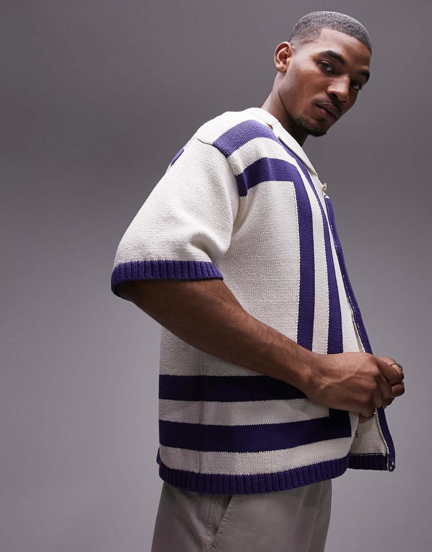 Topman knitted crochet vertical stripe button through shirt in white