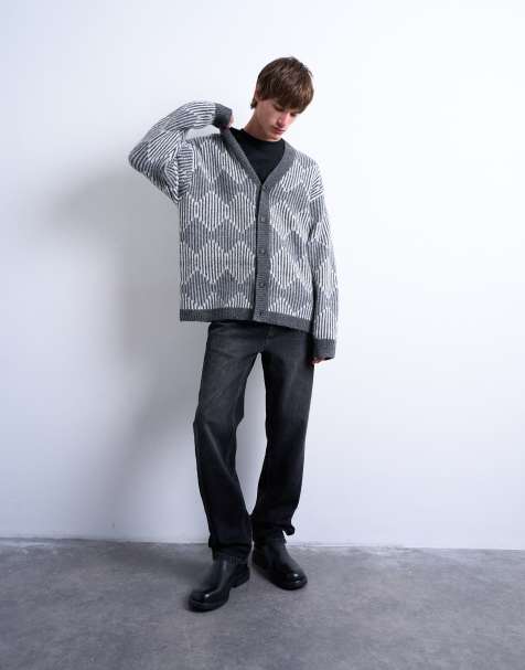 Topman knitted diamond cardigan in grey - view 1
