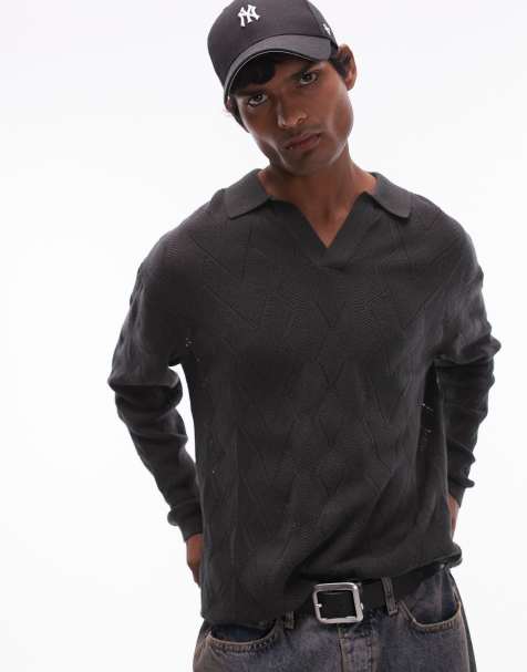 Topman knitted diamond pattern pointelle long sleeve polo in dark grey - view 1
