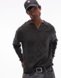 [Topman] Topman knitted diamond pattern pointelle long sleeve polo in dark grey S Dark grey