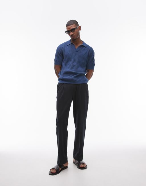 Topman knitted diamond pattern pointelle polo in navy, 2 of 4