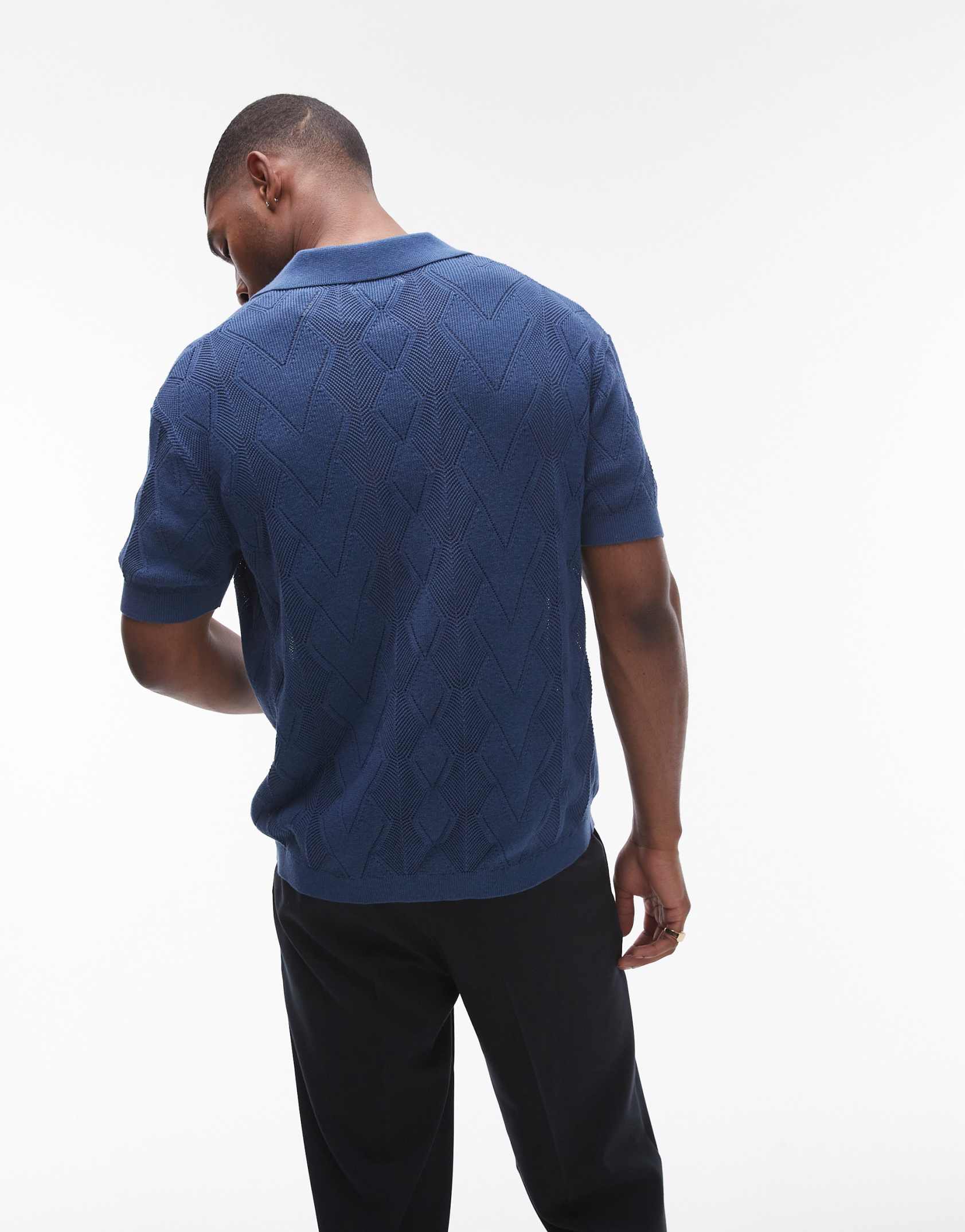 Topman knitted diamond pattern pointelle polo in navy ASOS Price Checker