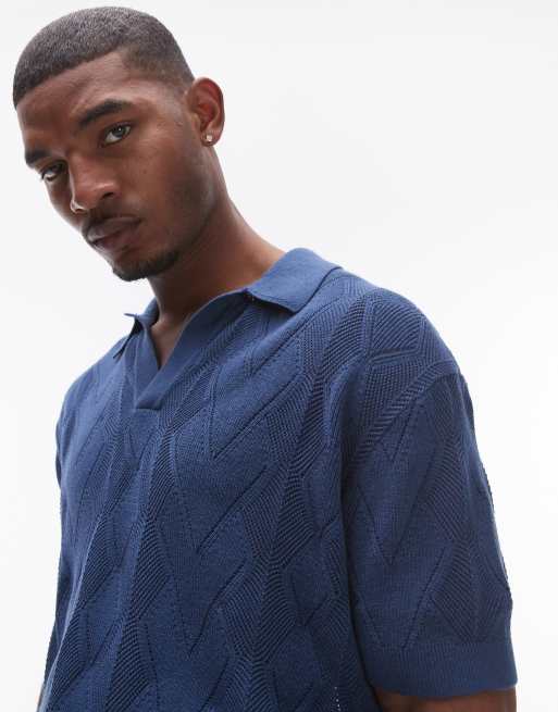 Topman knitted diamond pattern pointelle polo in navy, 4 of 4
