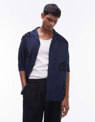 Topman Knitted Floral Embroidered Revere Shirt In Navy