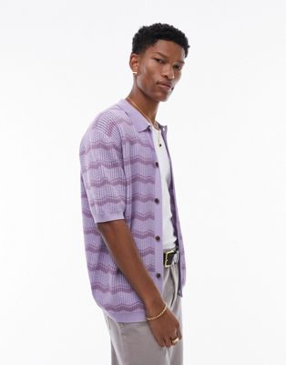 Topman knitted geometric stripe button through in lilac