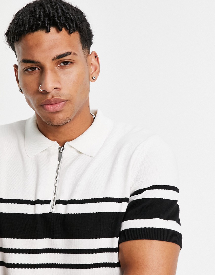 Topman knitted horizontal stripe polo in white and black