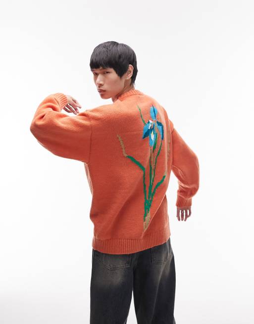 Topman knitted jumper with floral back placement in orange