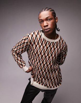 Topman knitted jumper with square geo print in brown