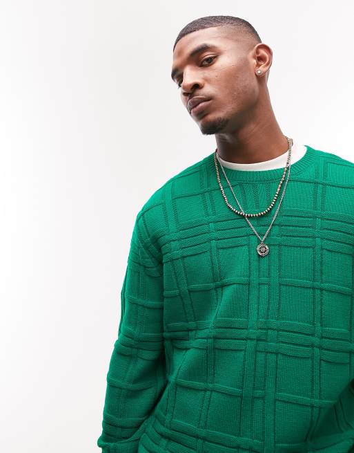 Topman knitted jumper with textured check in green | ASOS