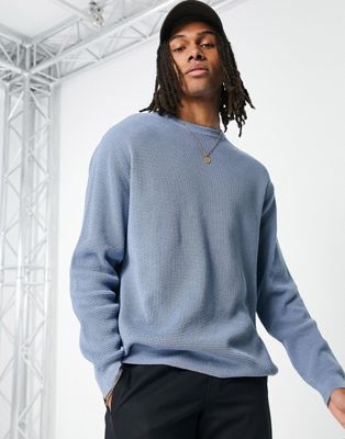 Topman knitted long sleeve crewneck jumper with texture in blue