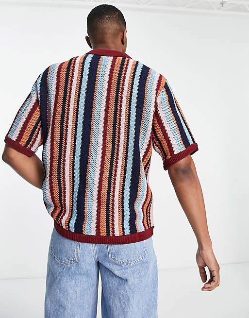 Men Topman knitted multi stripe texture button through polo 