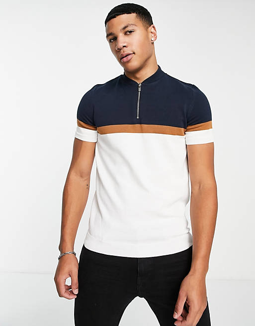 Men Topman knitted panelled baseball polo in navy and white 