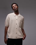 [Topman] Topman knitted pattern crochet shirt with pocket detail in stone-Neutral L Stone