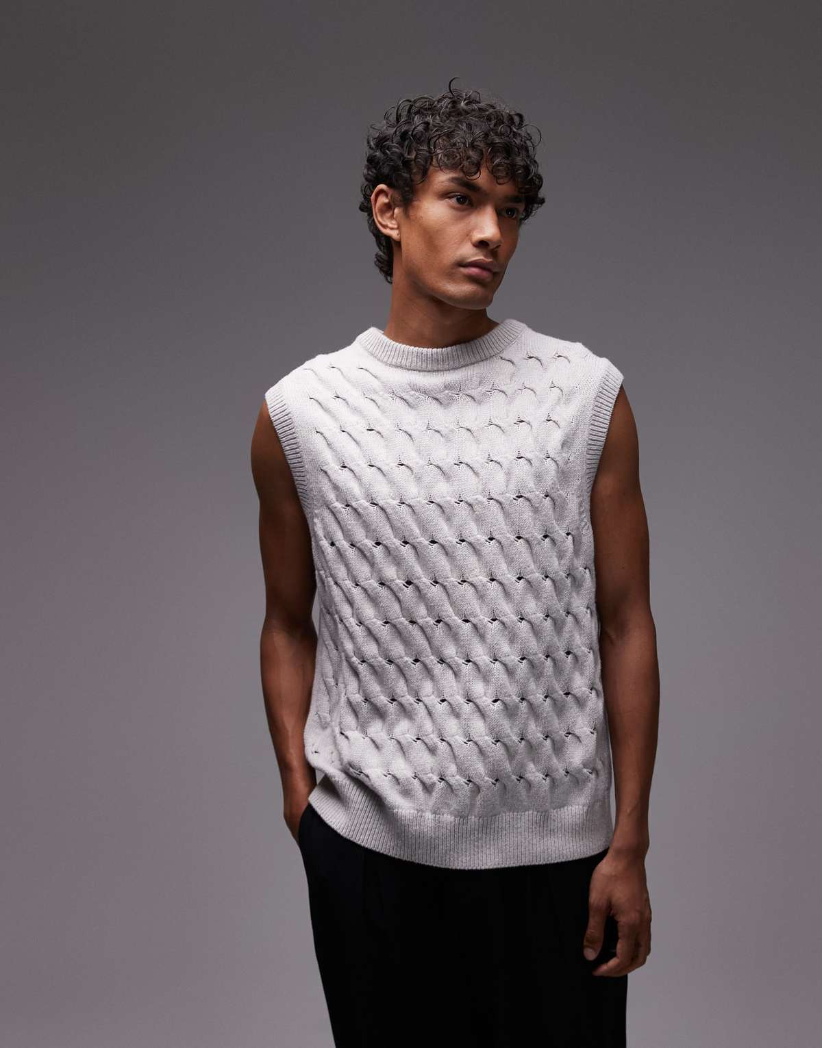 Topman knitted pleat detail tank in grey