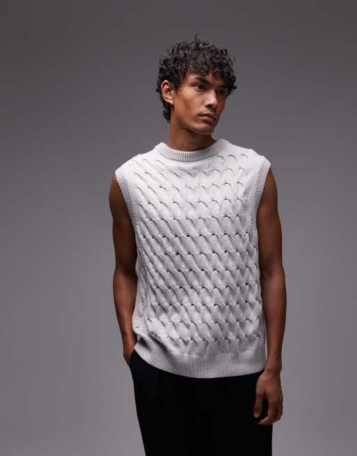 Topman knitted pleat detail tank in grey