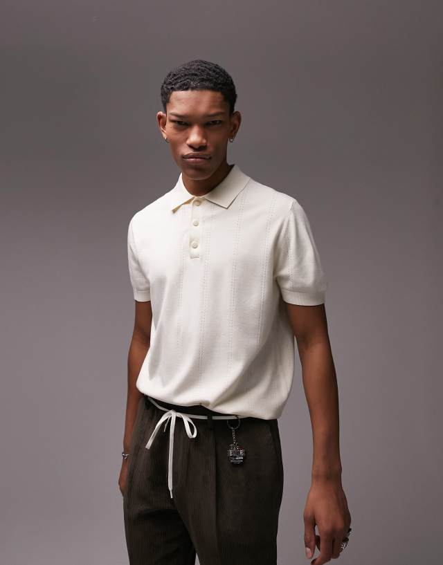 Topman knitted pointelle button through polo in stone