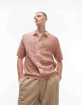 Topman knitted pointelle button through shirt in pink