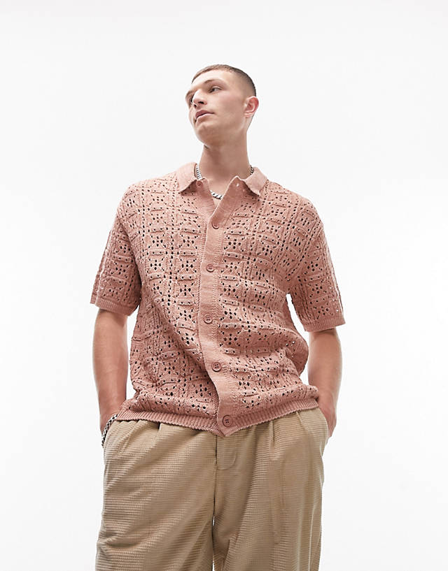 Topman - knitted pointelle button through shirt in pink
