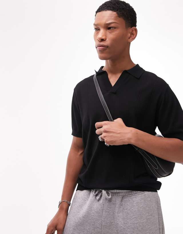 Topman knitted pointelle revere collar polo in black