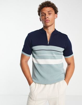 Topman knitted polo with baseball collar in sage