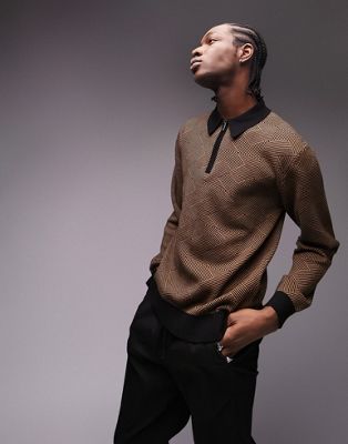Topman knitted polo with geo in brown