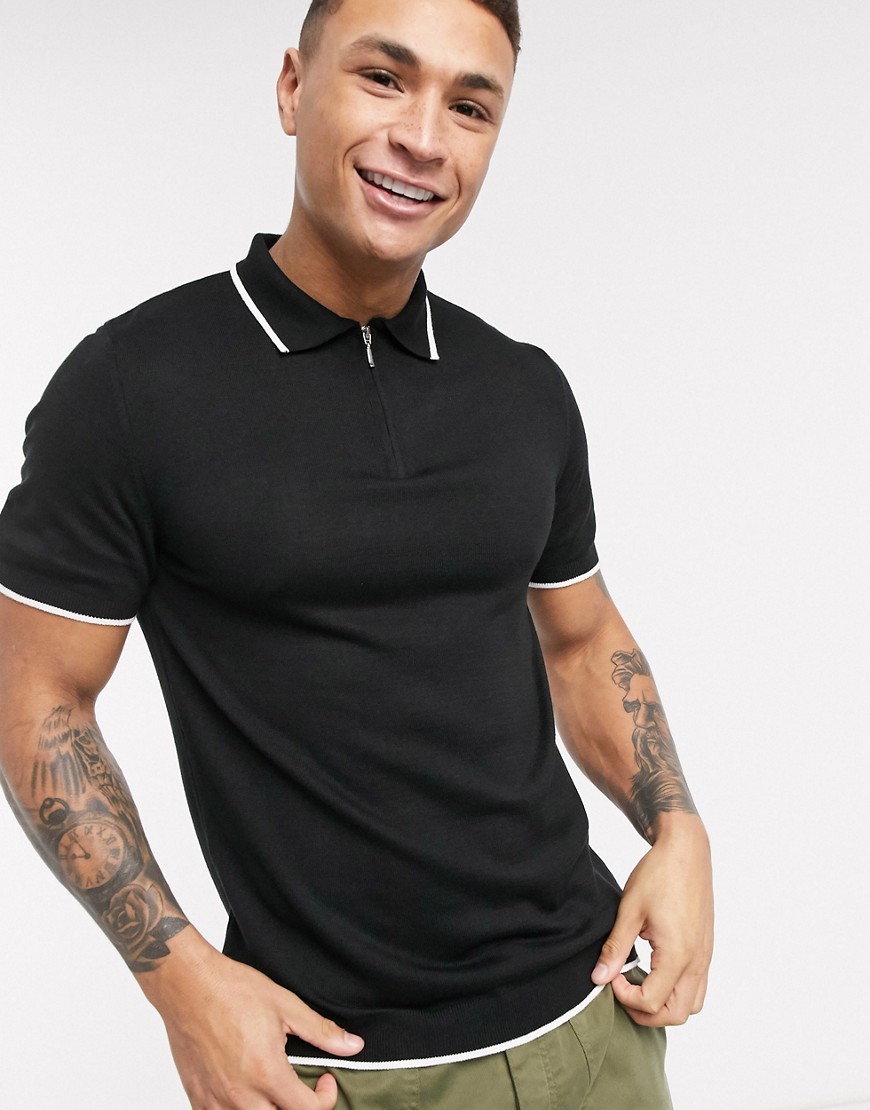 Topman knitted polo with half zip in black