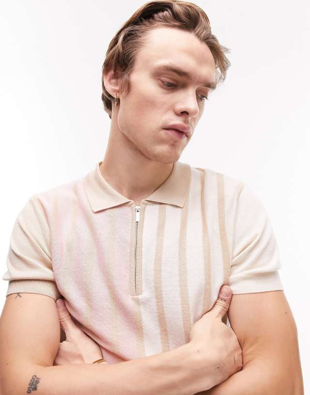 Topman knitted polo with stripe in pink