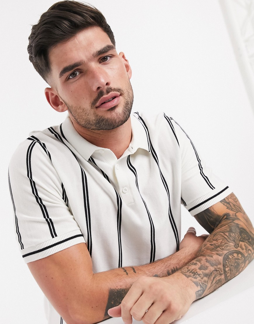 TOPMAN KNITTED POLO WITH STRIPE IN WHITE,81N20UWHT