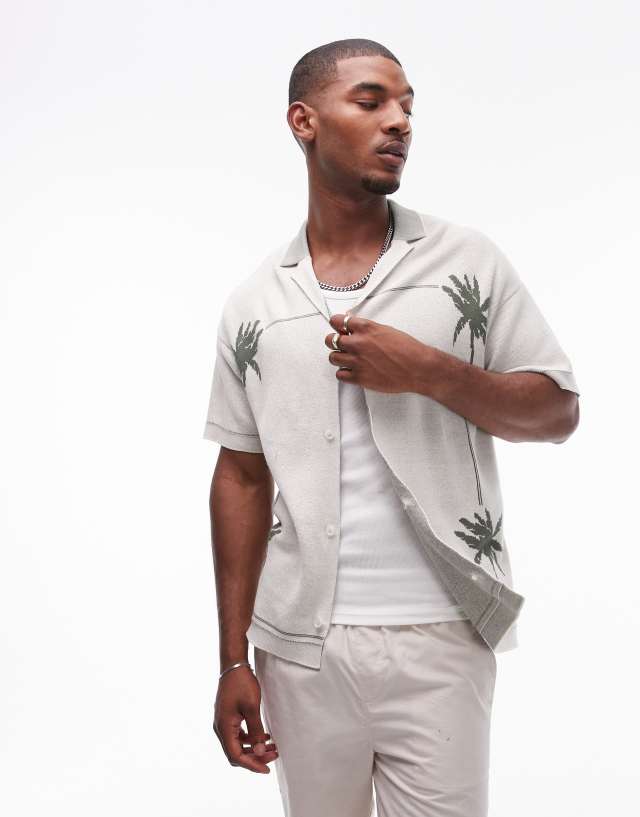 Topman - knitted revere polo with palm embroidery in white