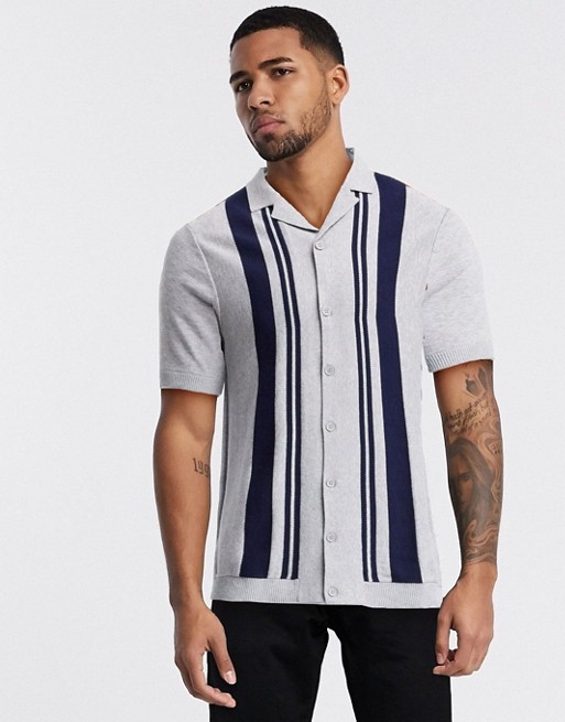 Topman knitted revere shirt with stripe in grey