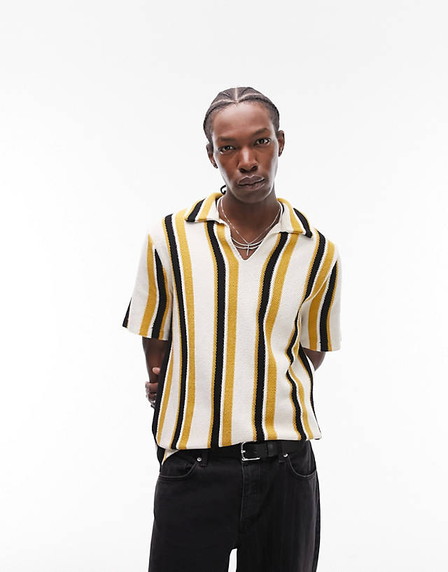 Topman - knitted revere stripe polo in black and yellow