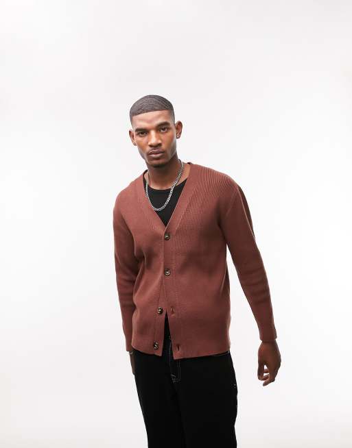 Topman knitted rib cardigan in brown | ASOS