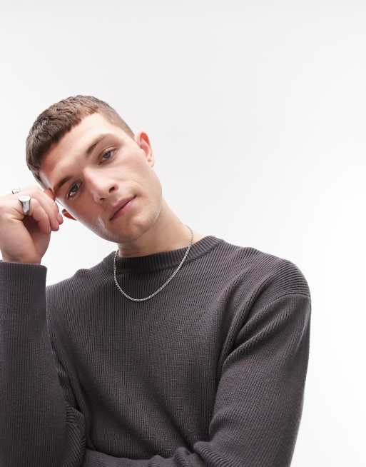 Topman knitted rib crew neck jumper in charcoal