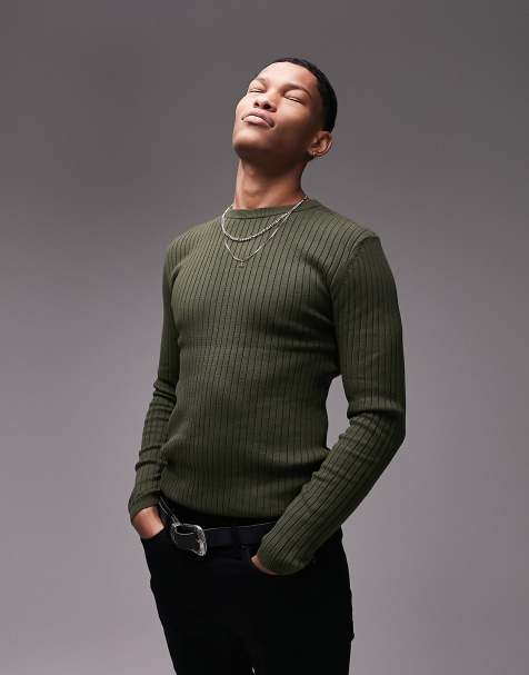 Topman knitted rib crew neck jumper in khaki - view 1