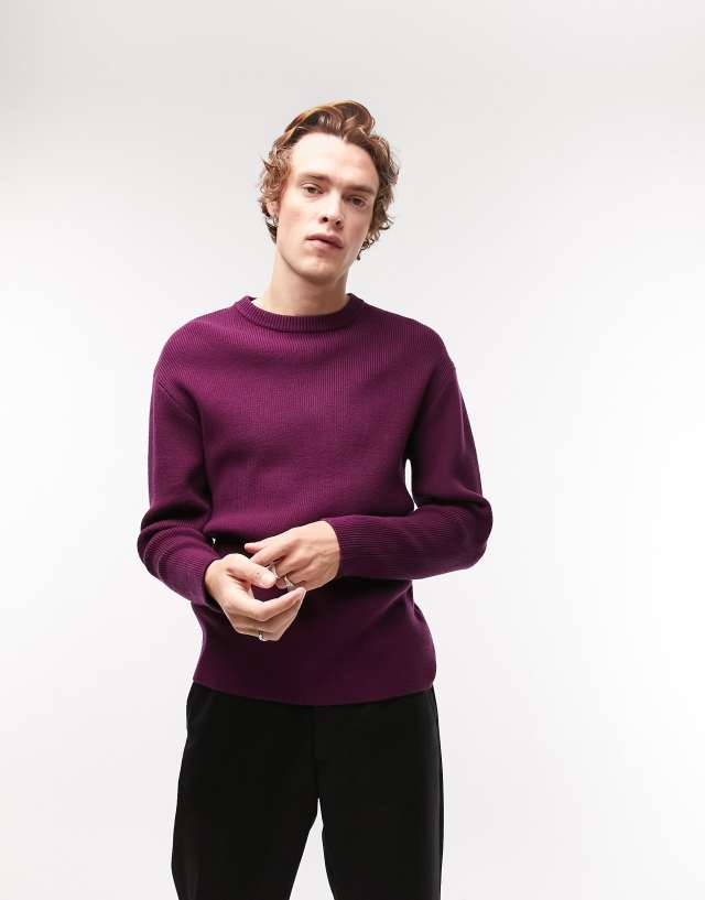 Topman knitted rib crew neck sweater in burgundy