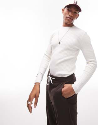 Topman knitted rib crewneck jumper in ecru-White