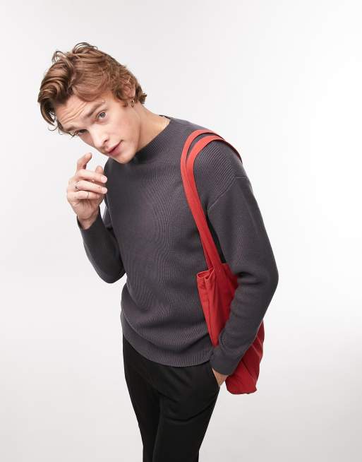 Topman knitted rib jumper with turtleneck in charcoal