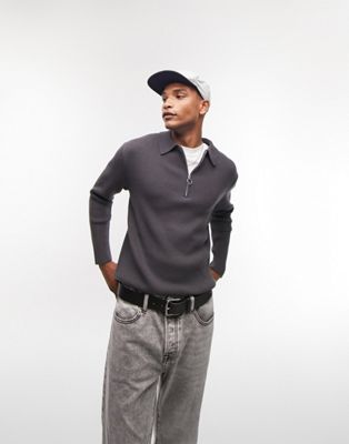 Topman knitted rib polo in charcoal