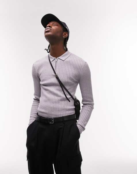Topman knitted rib polo in grey marl - view 1