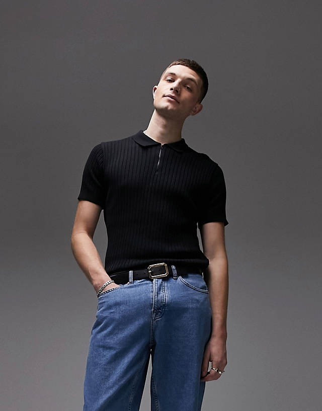 Topman - knitted rib polo with zip in black