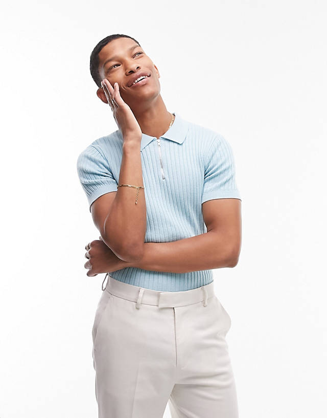 Topman - knitted rib polo with zip in light blue