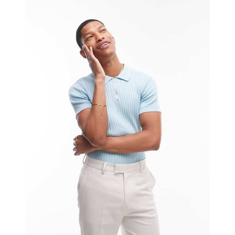 Topman knitted rib polo with zip in light blue | ASOS