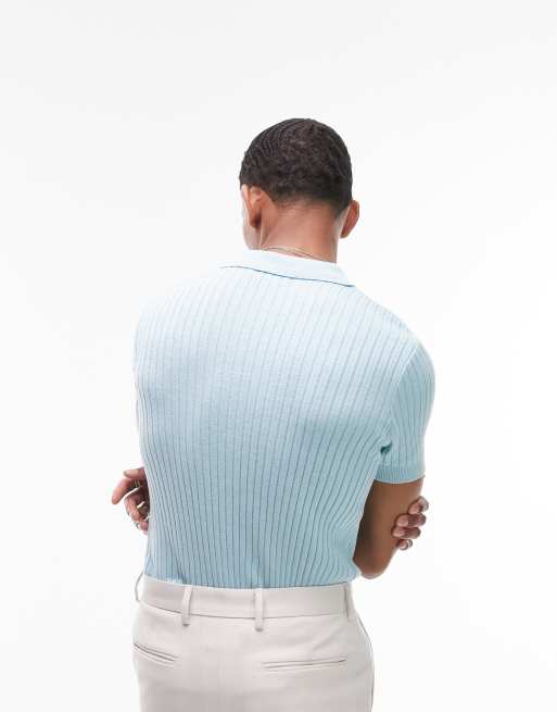 Topman knitted rib polo with zip in light blue