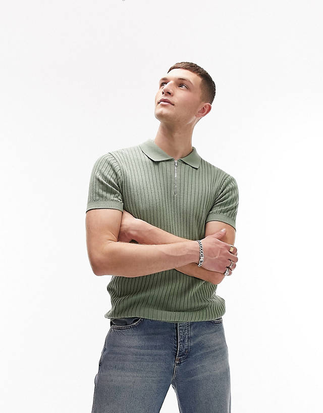 Topman - knitted rib polo with zip in sage green